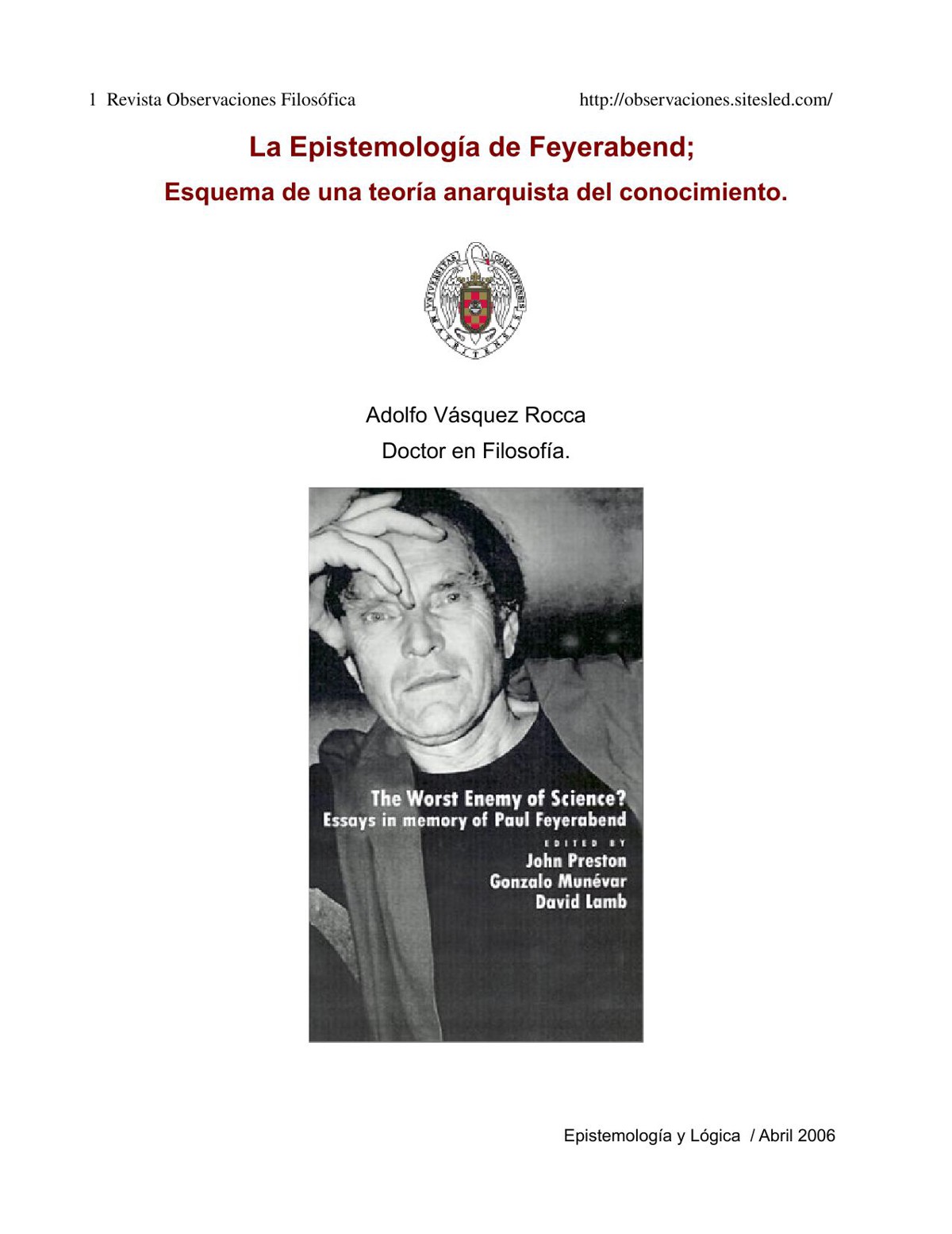 La epistemología de Feyerabend. Esquema de una teoría anarquista del conocimiento